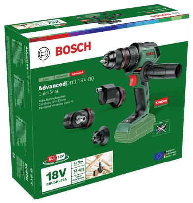 Grön Bosch-förpackning för 'AdvancedDrill 18V-80 QuickSnap'. Innehåller sladdlös borrmaskin med tillbehör. Europeisk flagga och energiinformation längst ner till höger.