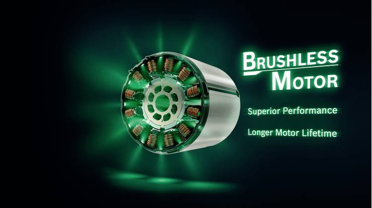 Bild av en borstlös motor med grönt ljus. Text: 'Borstlös Motor. Överlägsen Prestanda. Längre Motorlivslängd.'