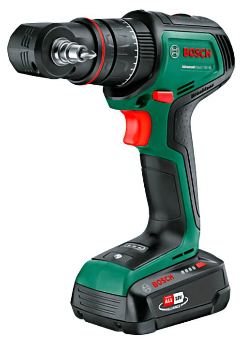 Bosch trådlös borrmaskin med ergonomiskt handtag, avtagbar chuck, batteri och laddare inkluderat. Transportväska visas i bakgrunden.