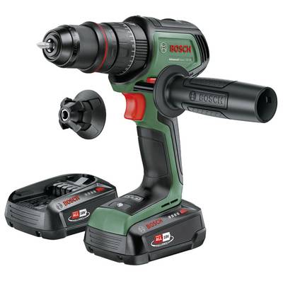 Bosch sladdlös skruvdragare med två batterier och en laddare. Skruvdragaren är grön med ett svart handtag och röda detaljer.