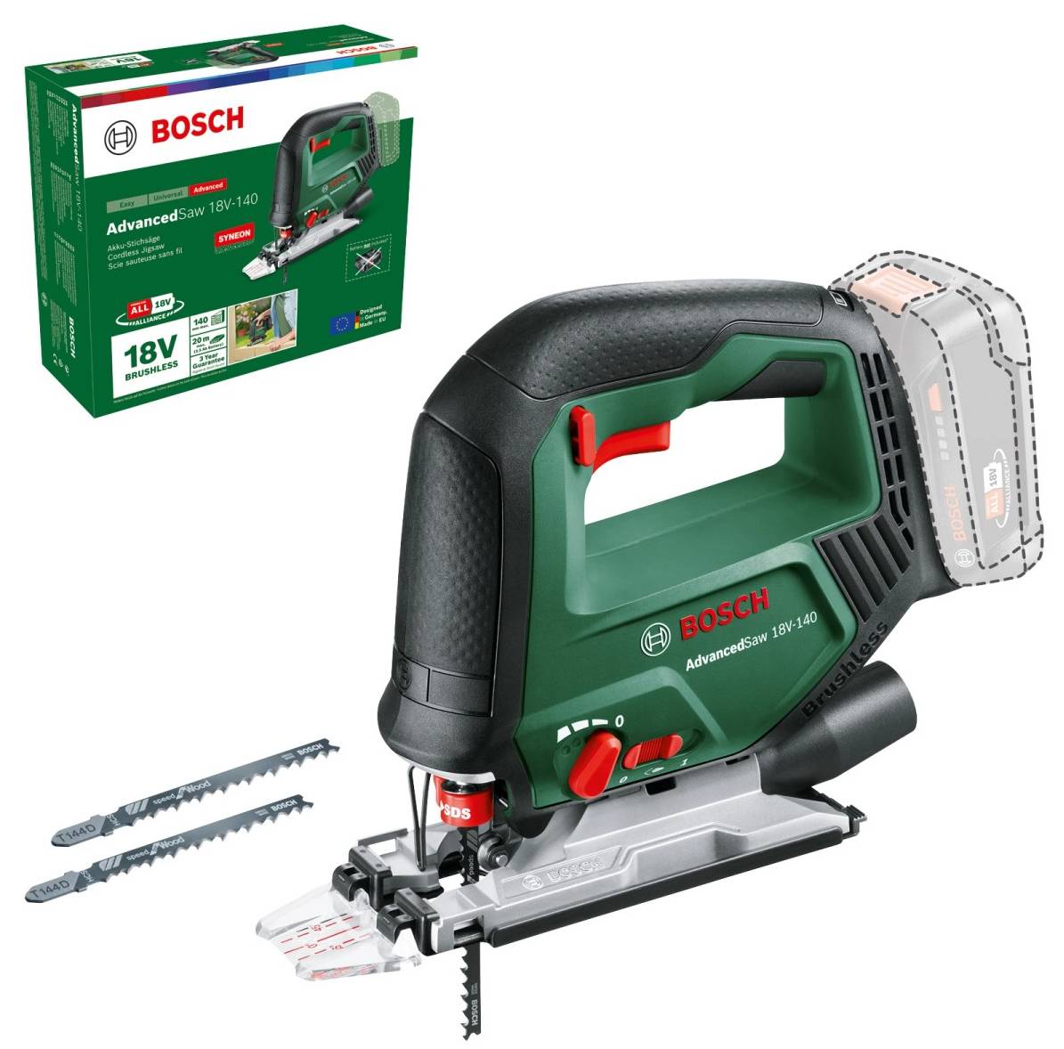 Bosch AdvancedCut 18V akustisk sågmaskin med två reservsågblad, originalförpackningen i bakgrunden. Professionellt verktyg.