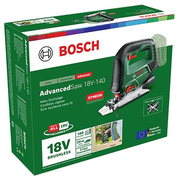 Förpackning för Bosch sticksåg. Modell AdvancedSaw 18V-140. Egenskaper: 18V, borstlös, inkl. 3 års garanti.