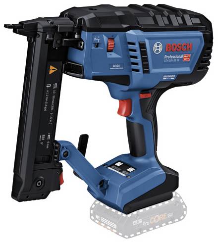 En blå och svart eldriven spikpistol från Bosch med röda detaljer, lämplig för professionella användningsområden.