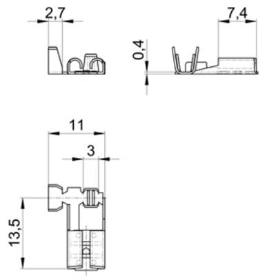 Teknisk ritning av en elektrisk kontakt med dimensioner: bredd 2,7 mm, höjd 13,5 mm, djup 7,4 mm. Visar sektionsvy.