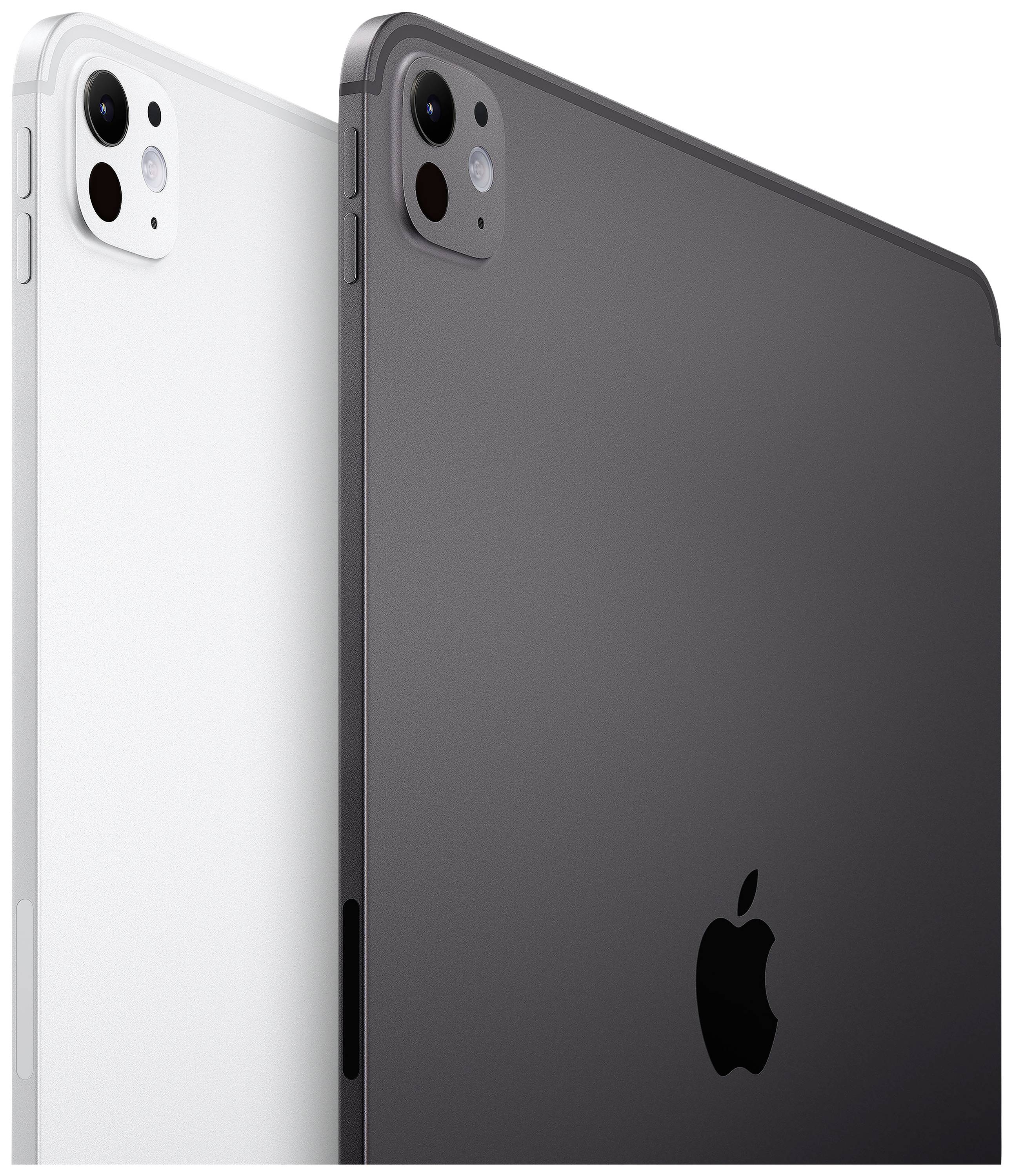 Två surfplattor bredvid varandra; en i vitt, den andra i mörkgrått. Båda visar kamerans layout och Apple-logotypen på baksidan.