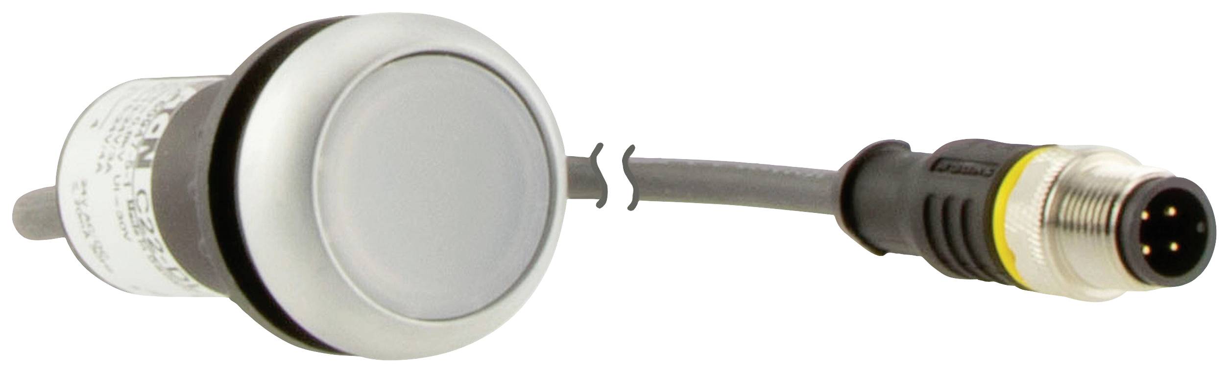 En rund elektrisk strömbrytare med silverram och en ansluten kabel med en kontakt med fyra stift.