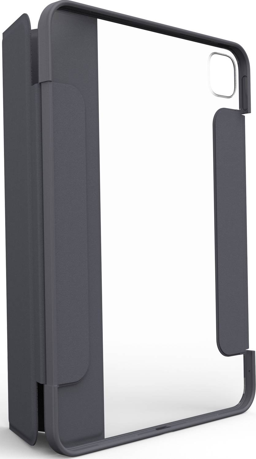 Ett svart surfplattefodral med transparent baksida och avrundade hörn, stående i ett halvöppet läge.