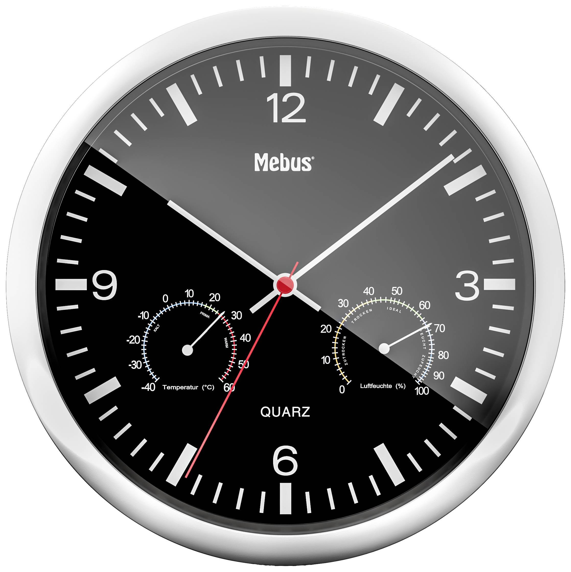 Analog väggklocka med svart urtavla, vita timmar- och minutvisare, röd sekundvisare. Vänster sida visar temperatur, höger sida visar luftfuktighet.