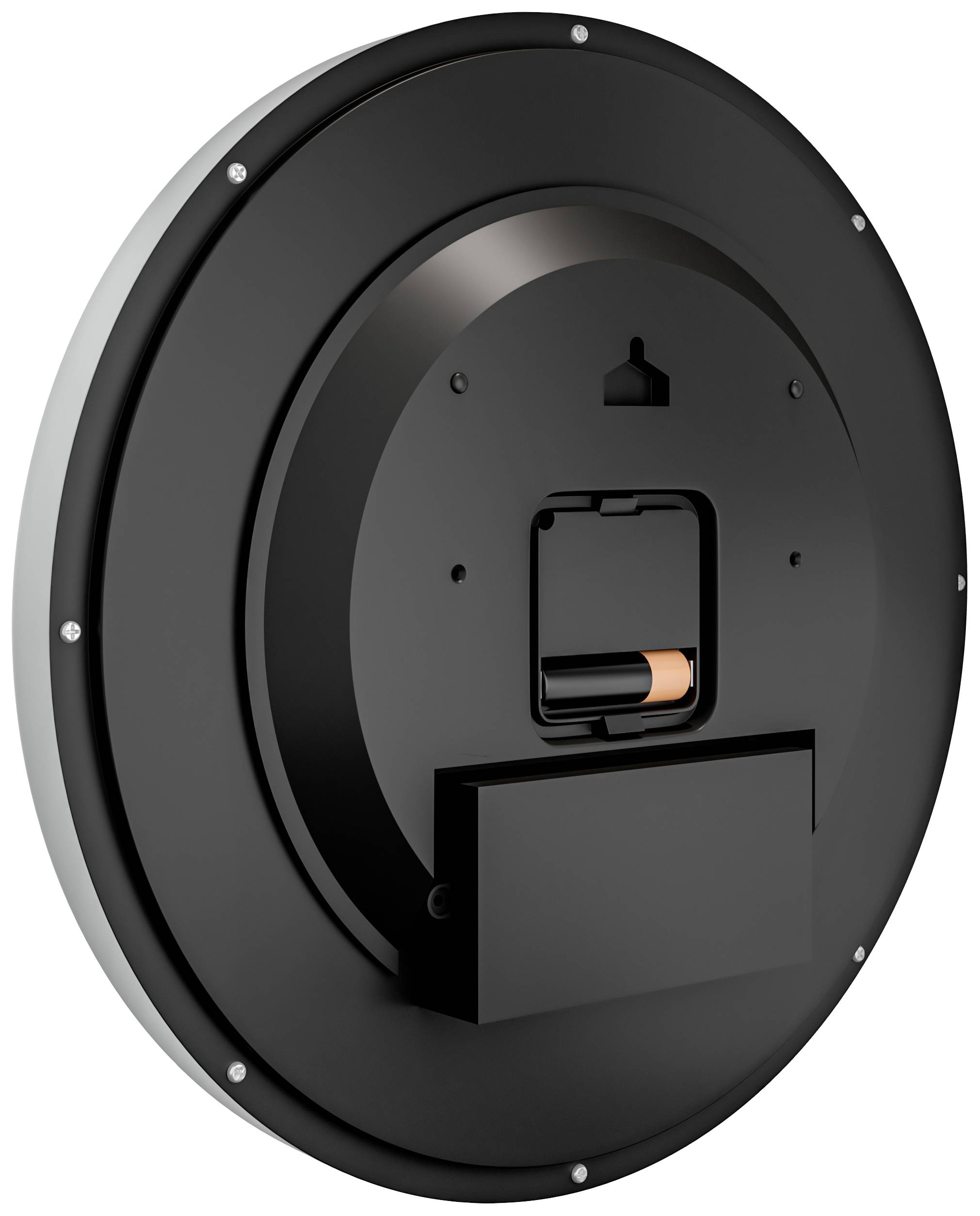 Baksidan av en rund, svart väggklocka med öppet batterifack som innehåller ett AA-batteri.