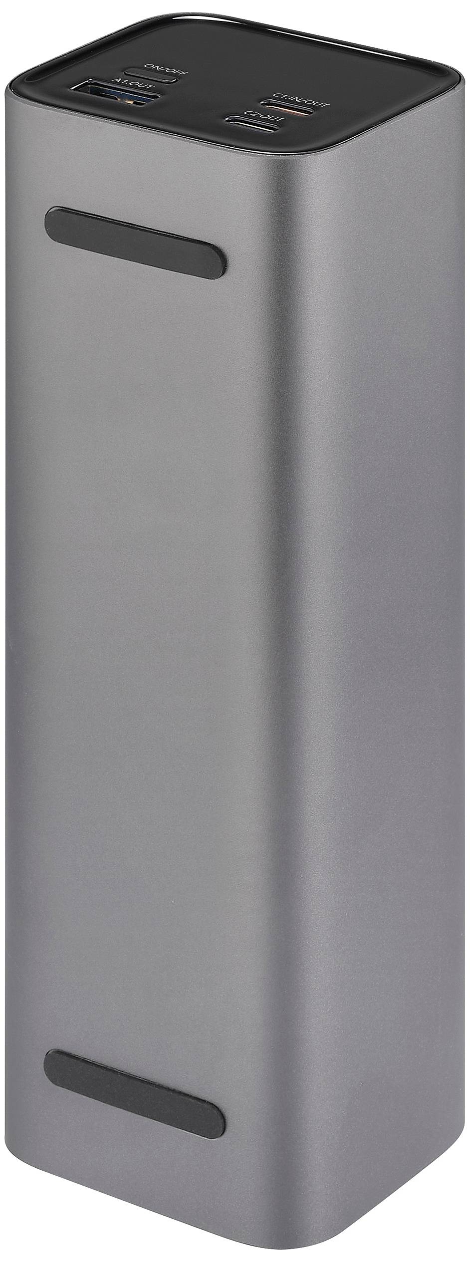 Grå, cylindrisk powerbank med USB- och USB-C-portar på ovansidan, lämplig för laddning av mobila enheter.