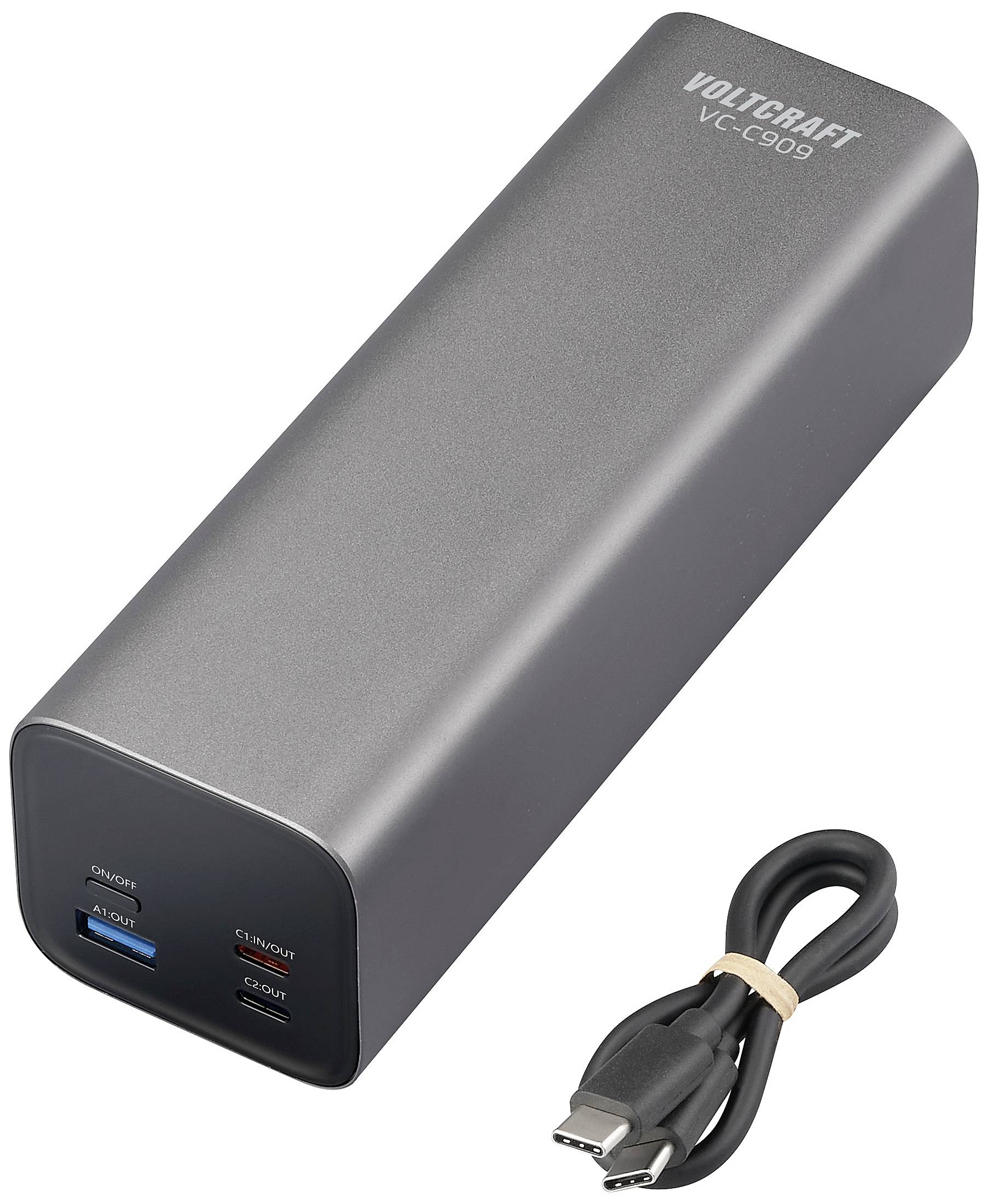 Grått laddare från VOLTCRAFT med USB-anslutningar och medföljande USB-kabel. Modell VC-C909.
