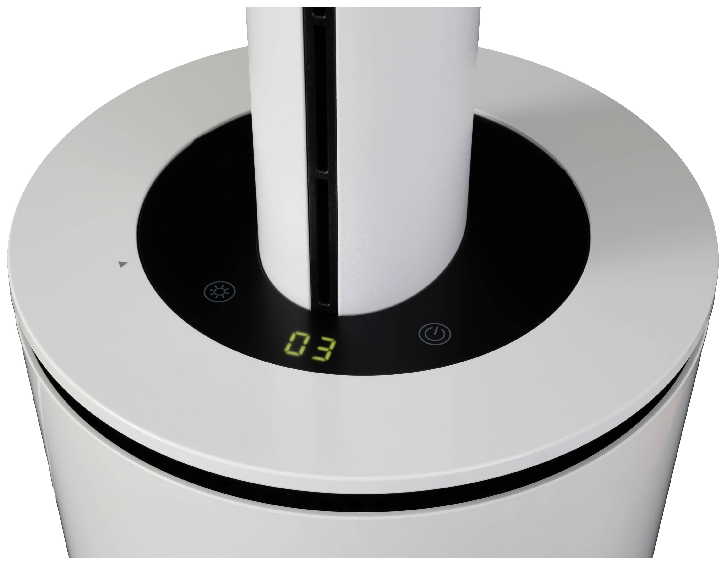 En vit luftrenare med en digital skärm som visar numret '03'. Enheten har touchknappar och en modern design.