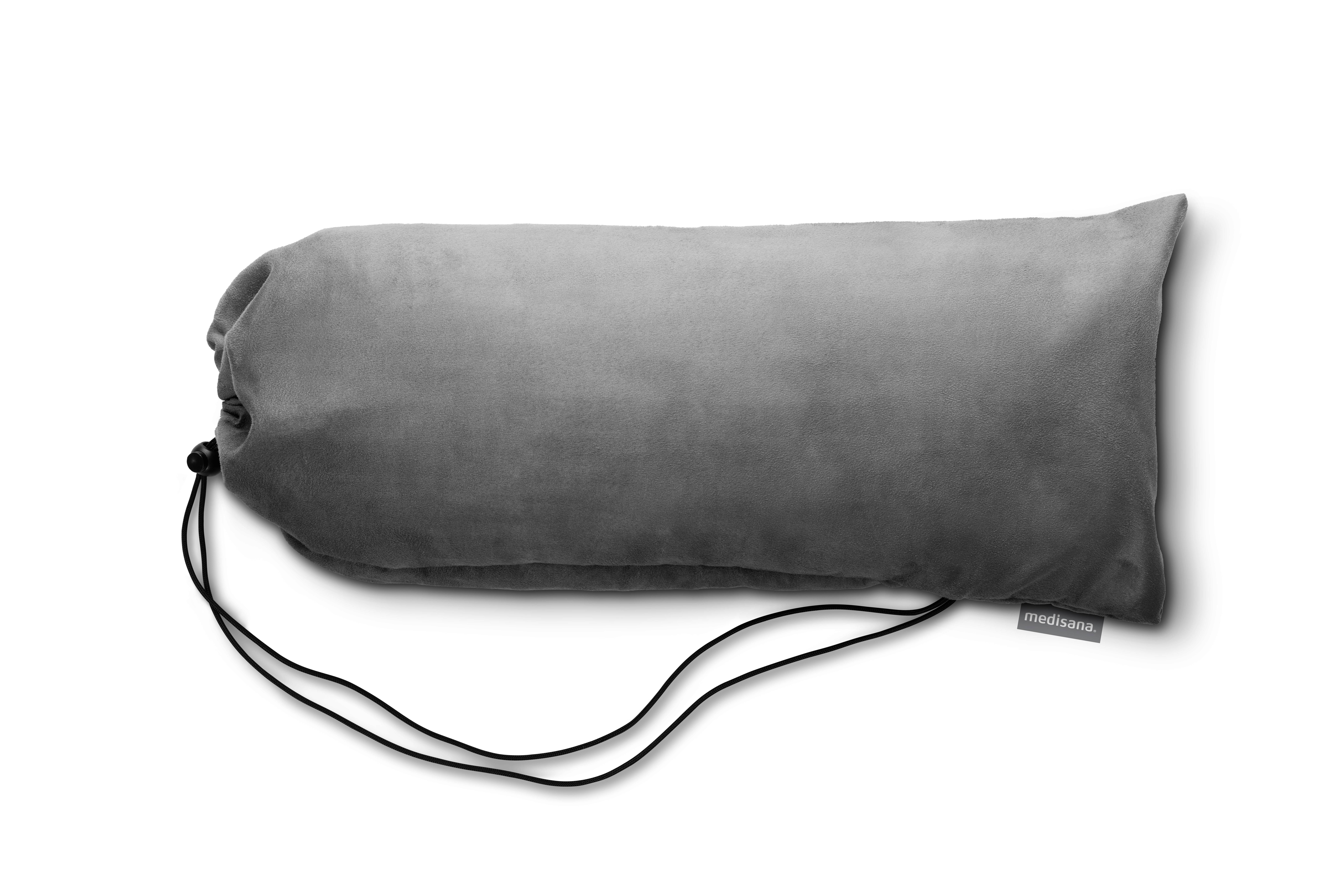 Grått nackstöd med dragsko, rektangulär form, sammetsmjuk textur, på vit bakgrund, avsett att stödja nacken.