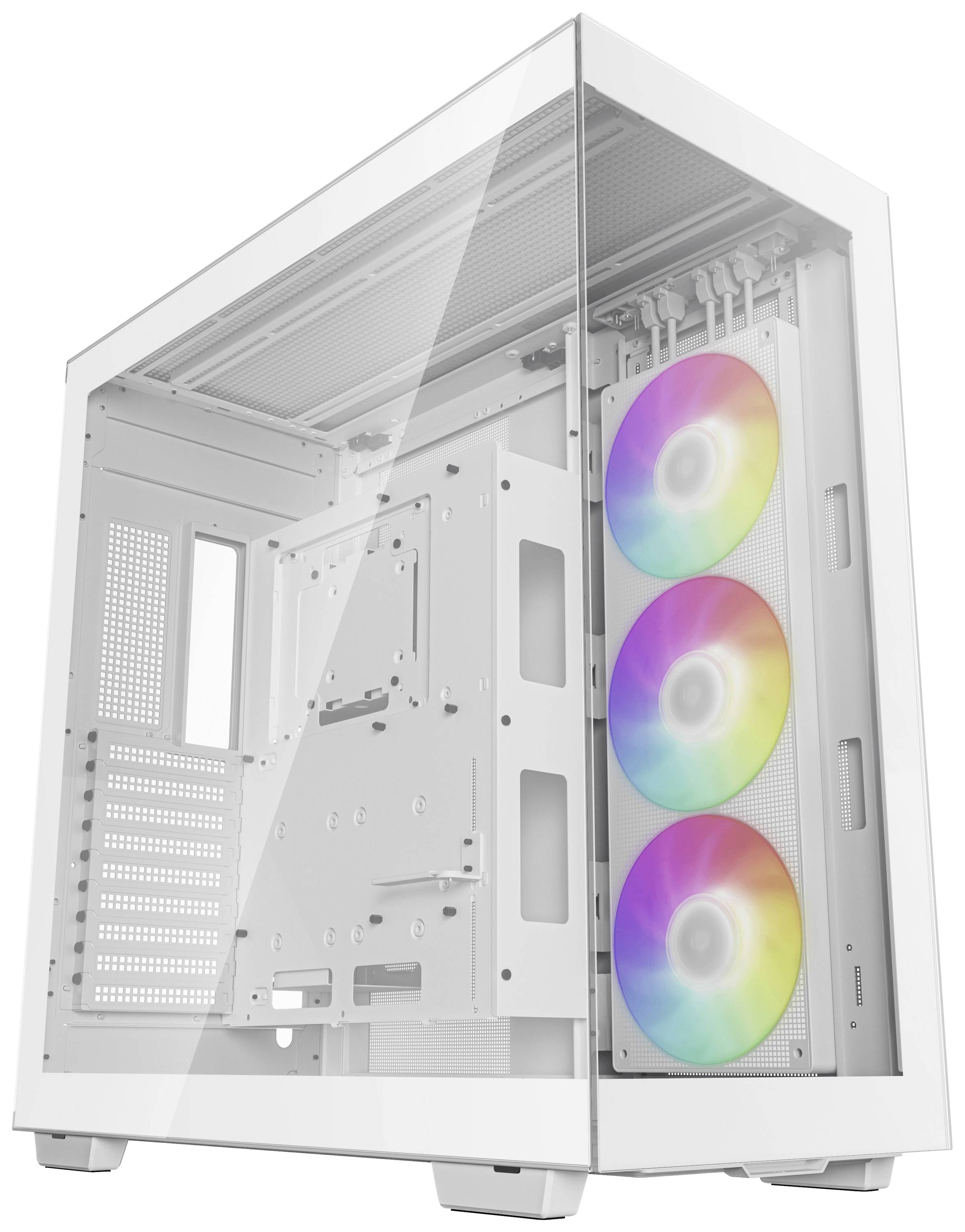 Vitt PC-hölje med transparent sidopanel. Inuti syns tre lysande, färgglada fläktar. Modern och stilig design.
