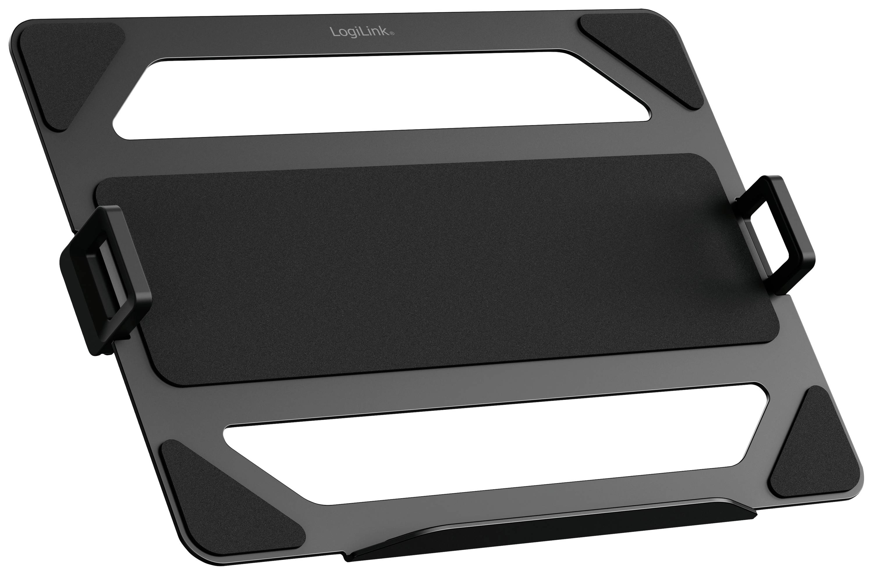 En svart laptopställning i metall med gummifötter och justerbara fästen för att stabilisera enheten.