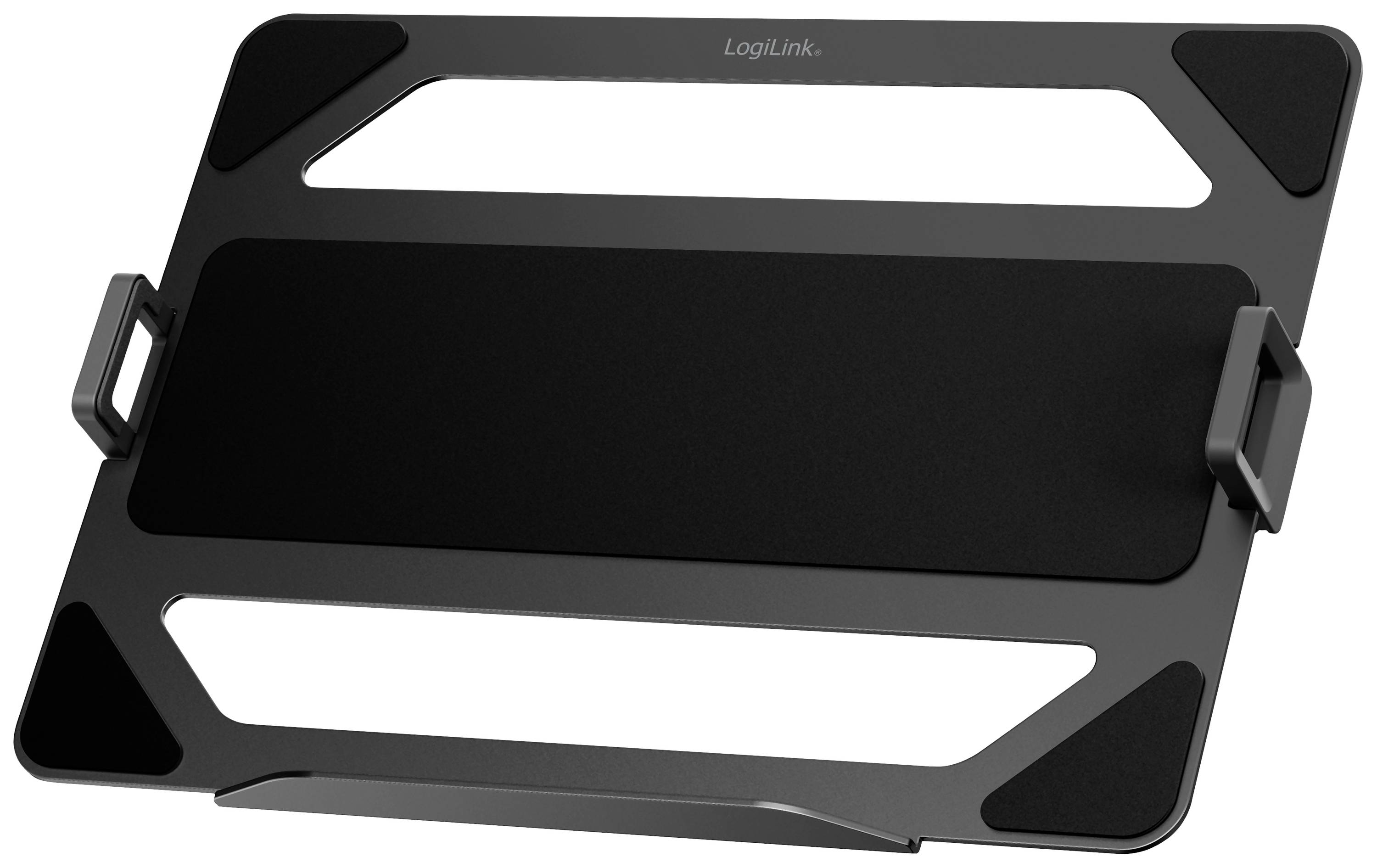 En svart laptopstativ från LogiLink med ergonomisk design. Den har rektangulära urtag och två sidohandtag.