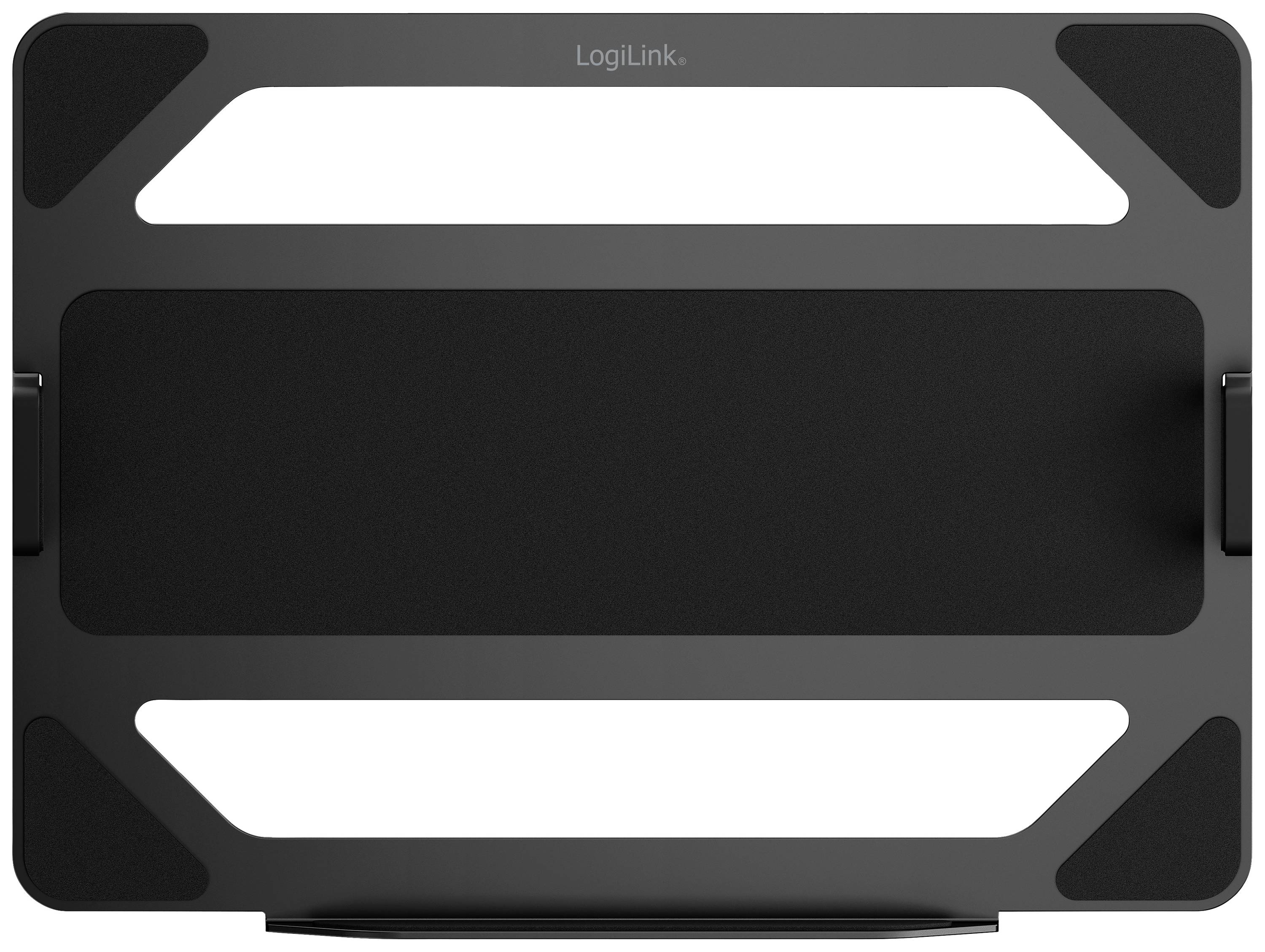 En svart, rektangulär laptopställning med halkfria hörn och ventilationsöppningar, lämplig för ergonomisk arbetsplatsoptimering.