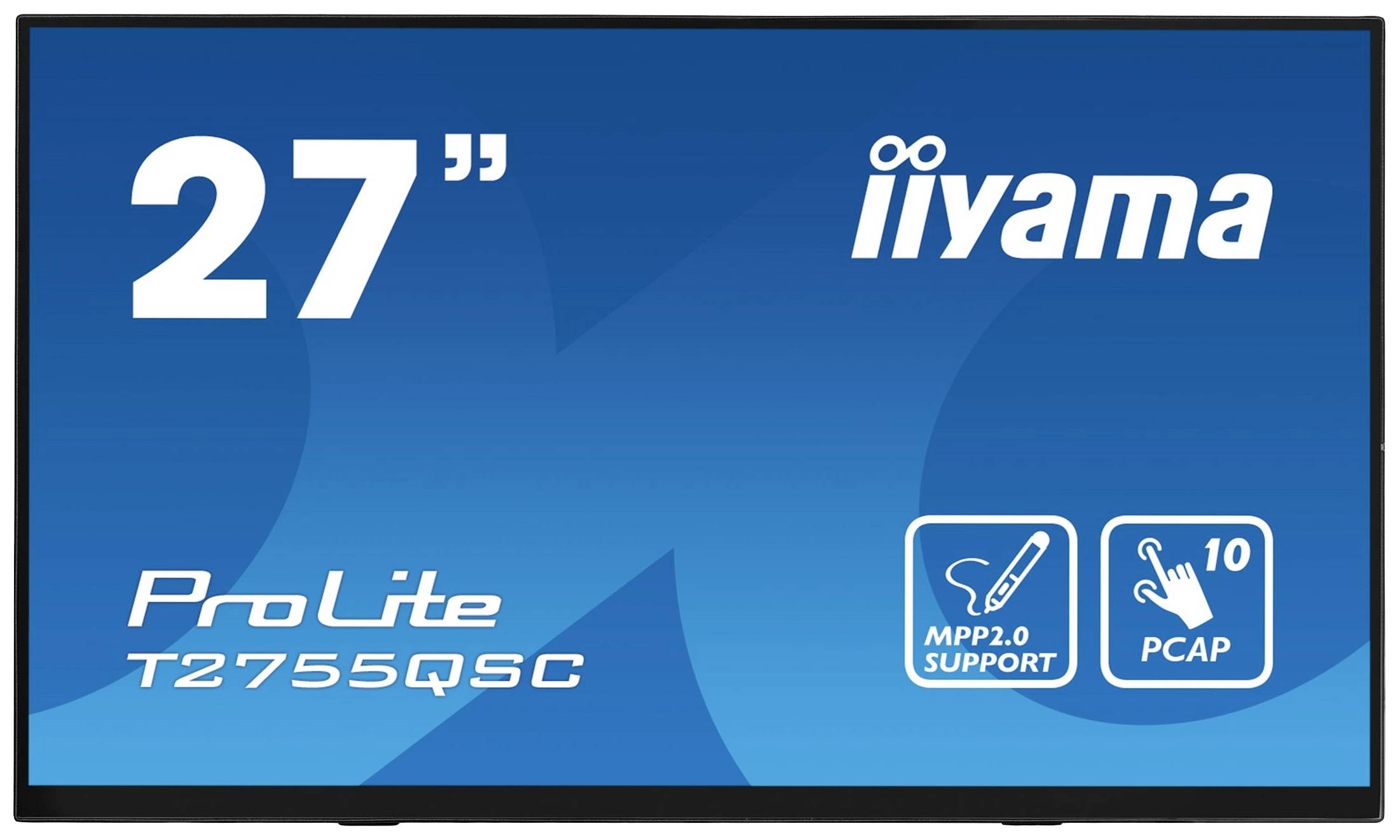 27" iiyama ProLite T2755QSC skärm med MPP2.0-stöd och PCAP-teknik, blå bakgrundsgrafik.