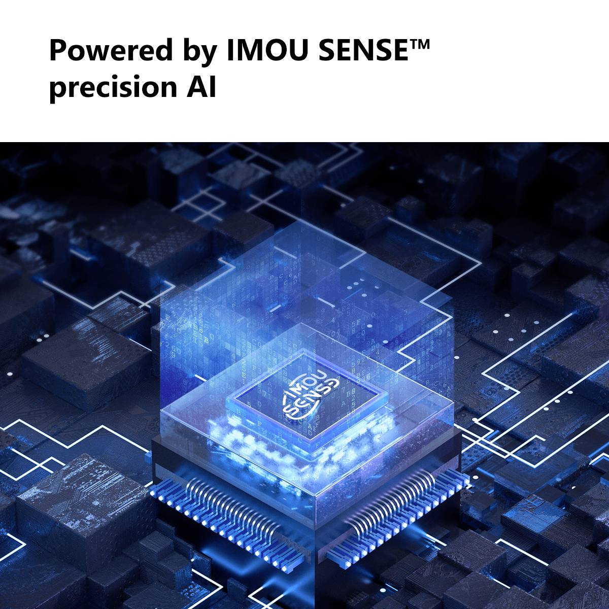 En blå mikrochip-grafik med texten 'IMOU SENSE'. Överst står det: 'Driven av IMOU SENSE™ precision AI'.