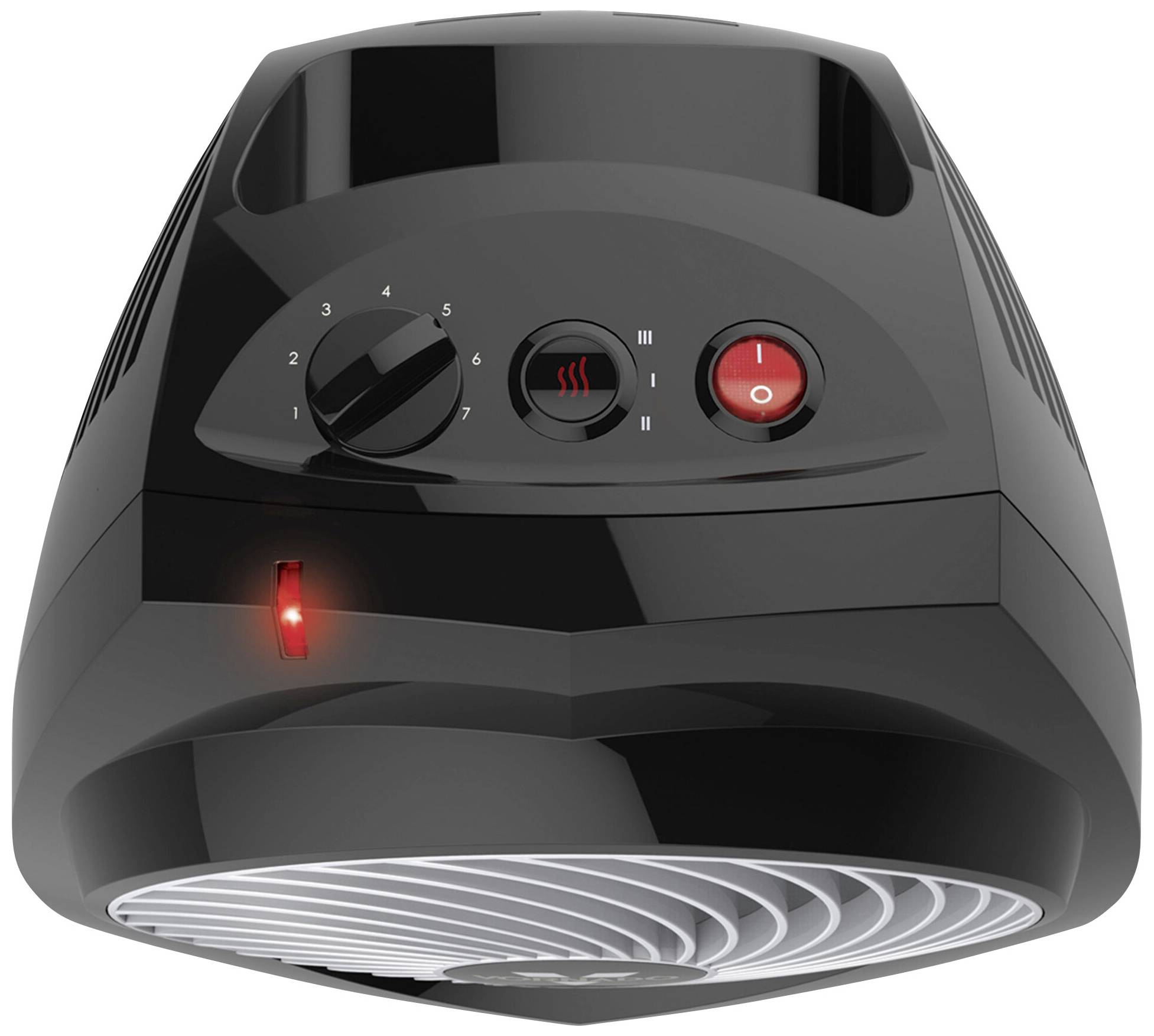 En svart elektrisk fläktvärmare med vred och två knappar. En röd lampa indikerar att apparaten är igång.