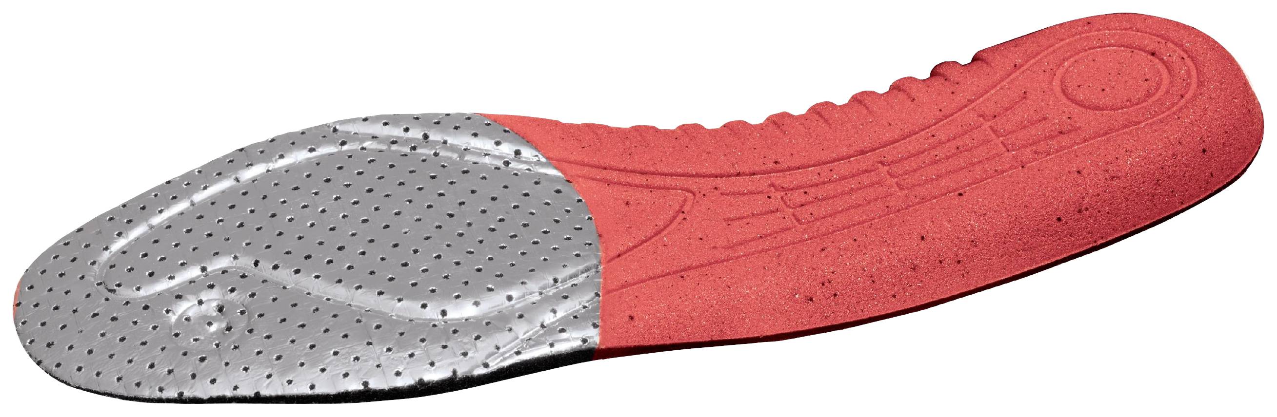 Röd innersula med ett grått, perforerat främre fotparti som sörjer för ventilation och dämpning i skor.
