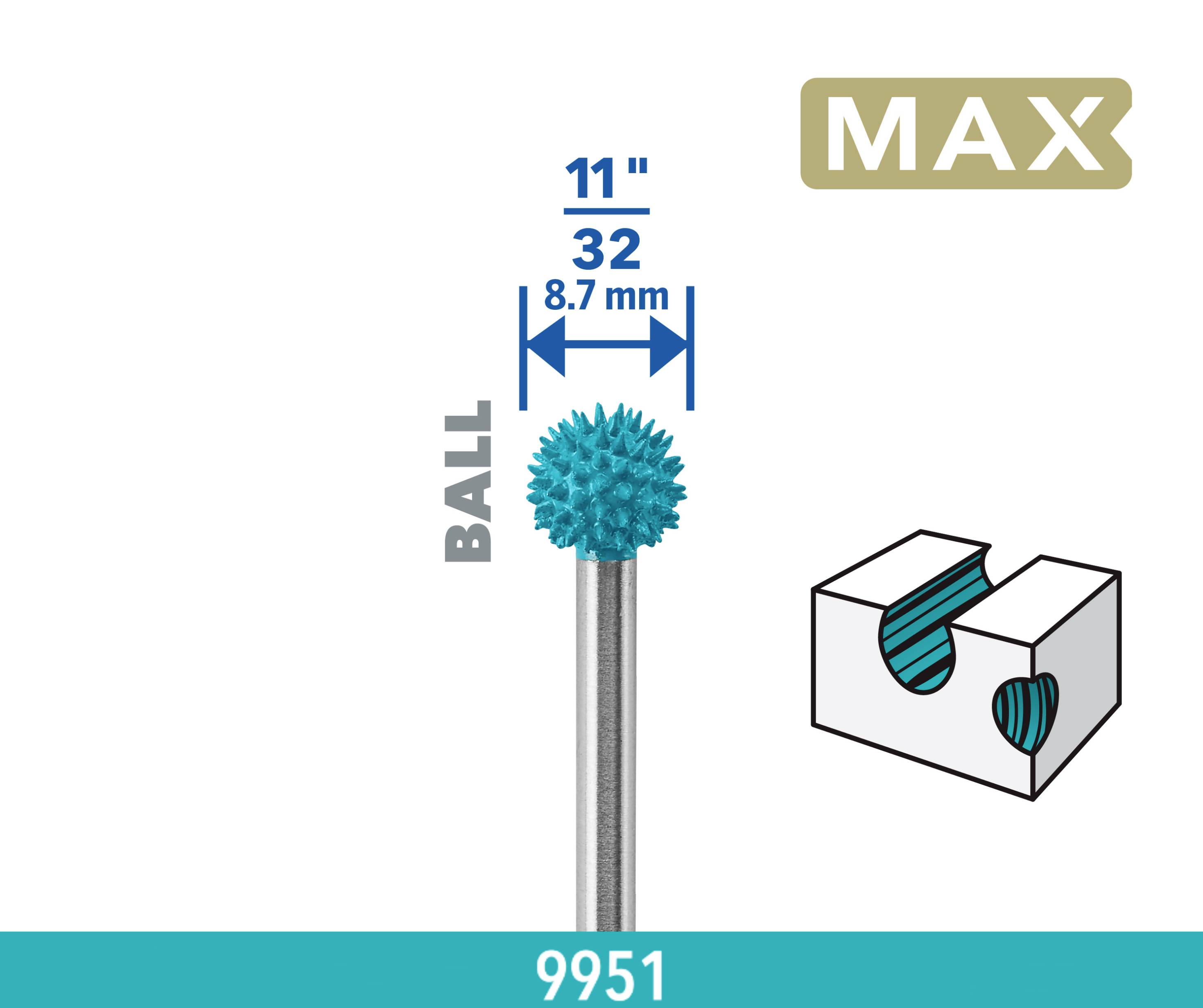 'MAX' Fräs 9951, kulformig, diameter 11/32 tum (8,7 mm), lämplig för trä- och metallbearbetning, användningsbild.