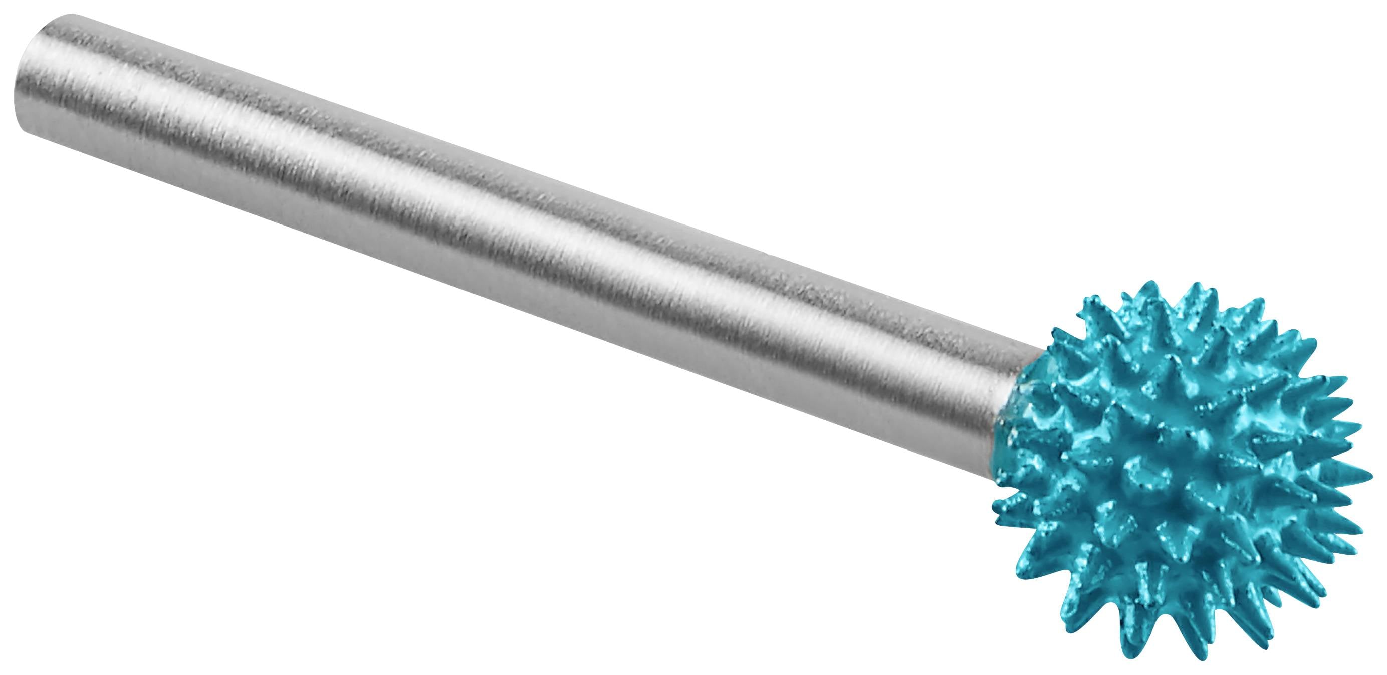 Metallisk fräs med cylindrisk skaft och kulformat, taggigt huvud i lysande blått, lämplig för precisa skärande arbeten.