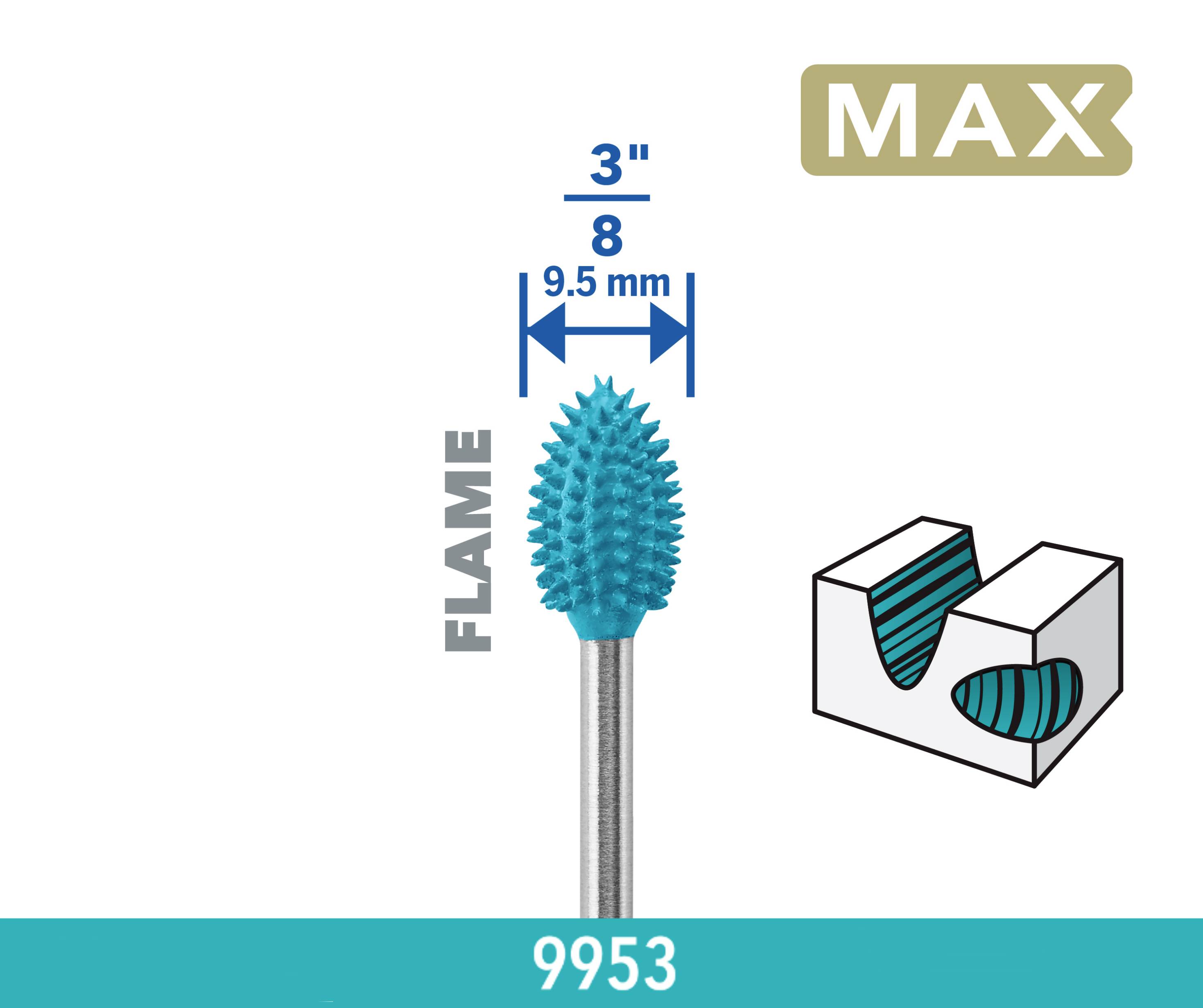 Fräshuvud med 9,5 mm flamform, lämplig för precisionsskärning i metall, produktkod 9953, märke 'MAX'.
