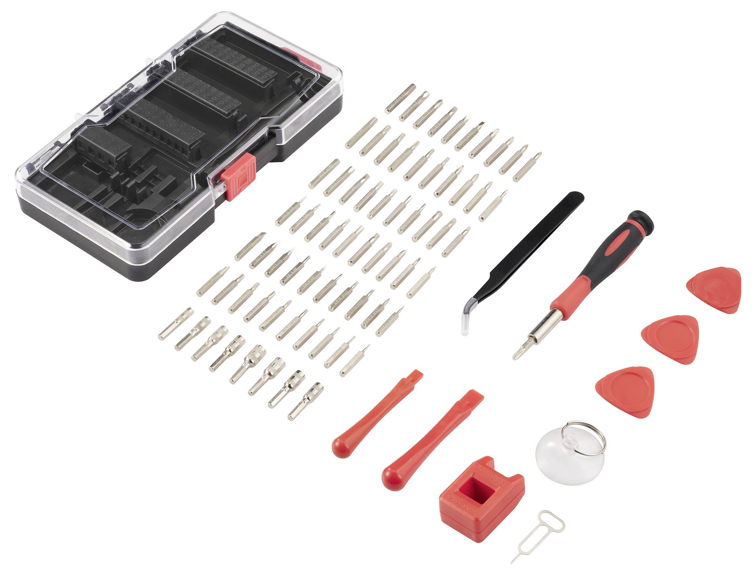Reparationsset med olika skruvmejselBits, verktyg, ett fodral och en magnet. Perfekt för elektronikreparationer.