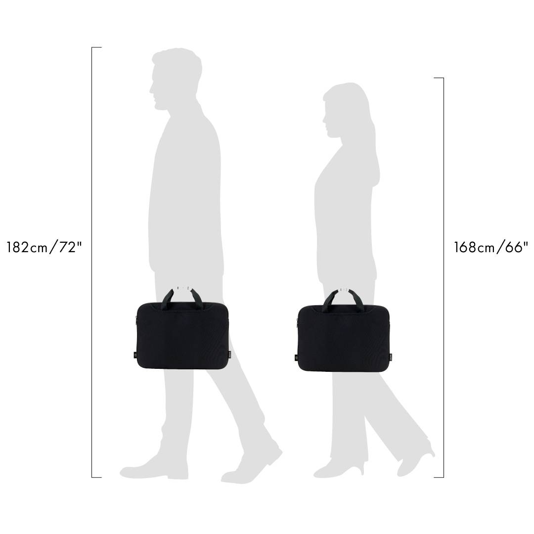 Silhuetterna av två personer: En är 182 cm lång, den andra 168 cm. Båda bär identiska väskor.