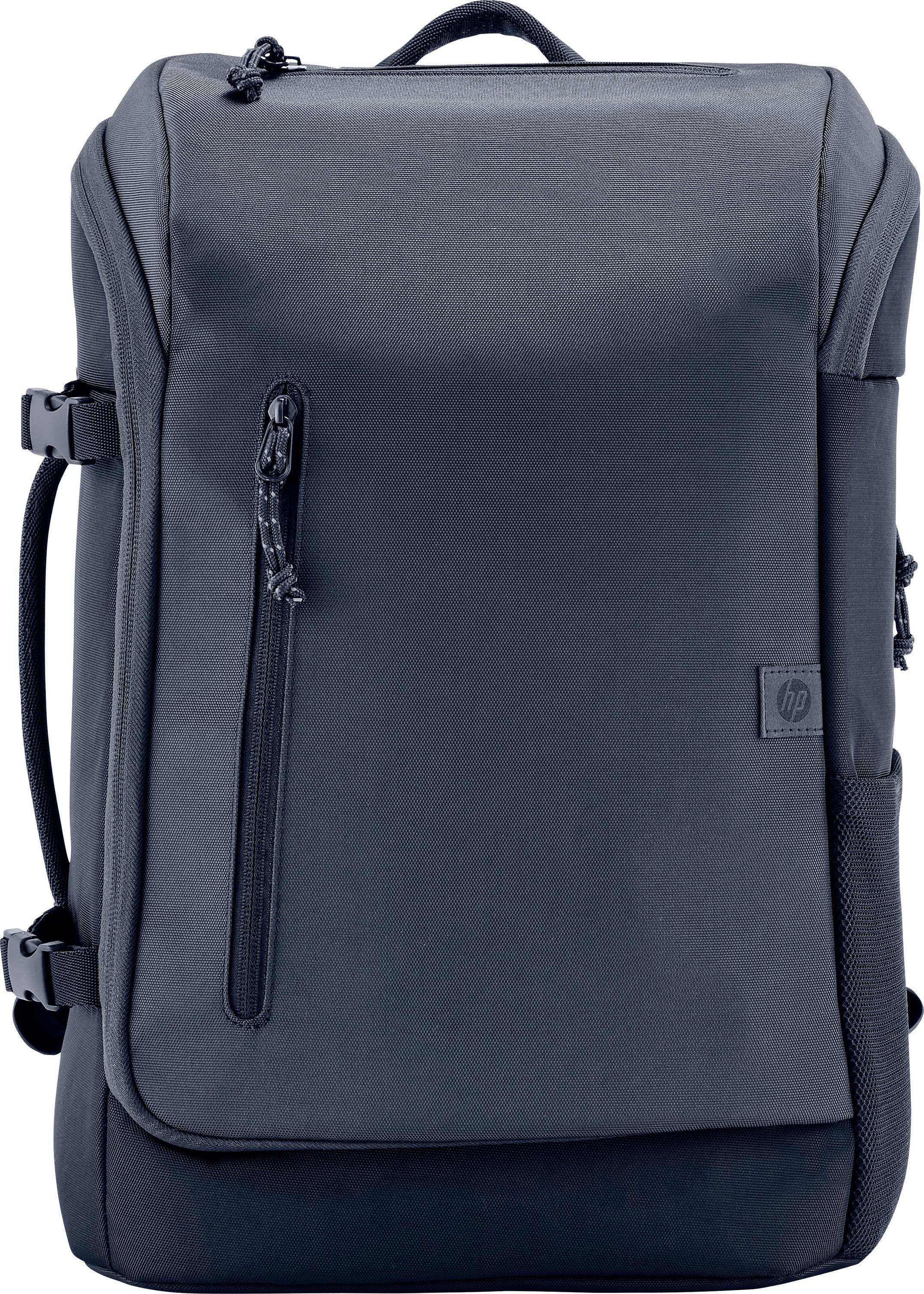 En mörkgrå ryggsäck med dragkedja och bärhandtag. Frontfickan är synlig, enkelt design med sidospännen.