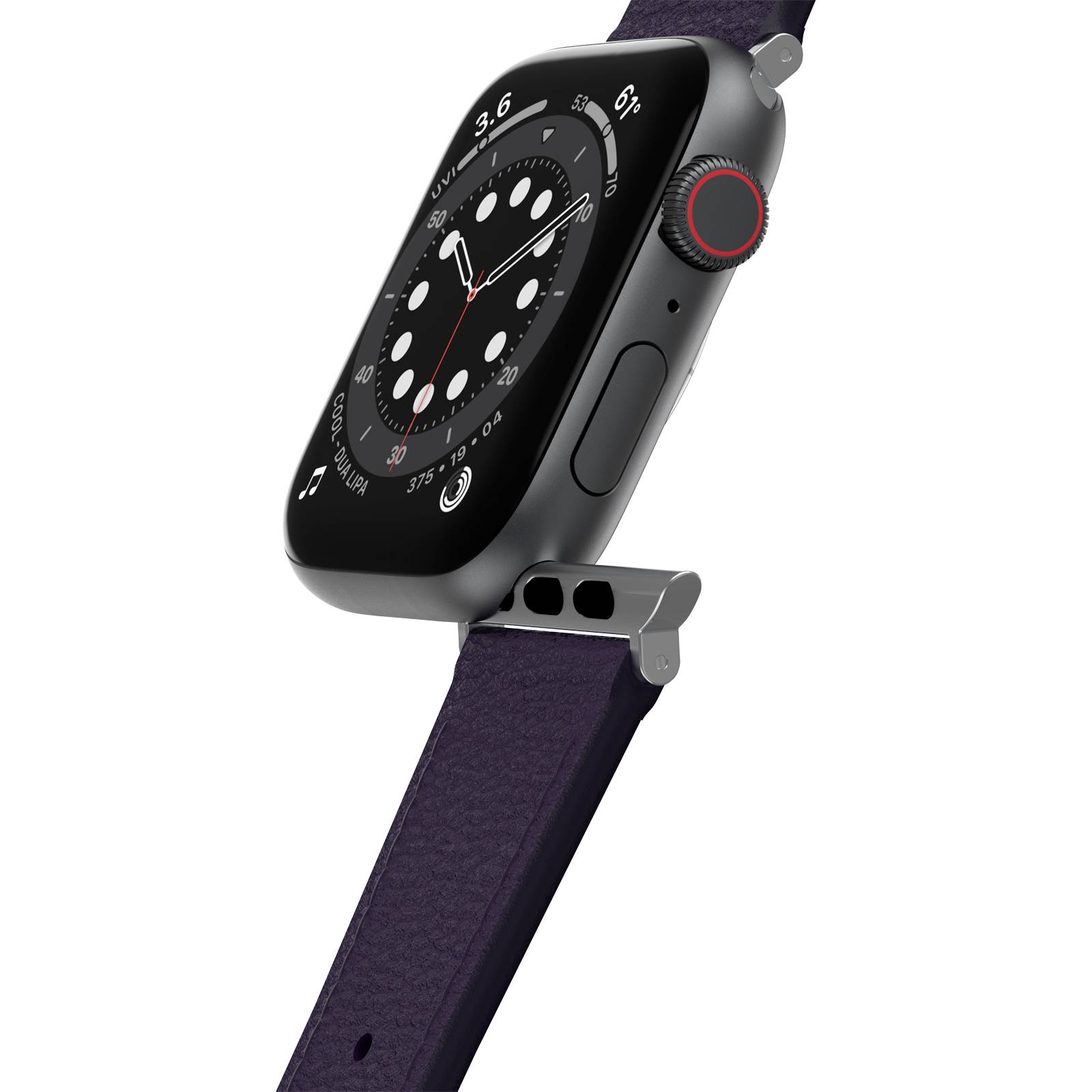 Svart smartwatch med rund skärm och röd knapp på sidan. Tid och olika sensorvisningar synliga.
