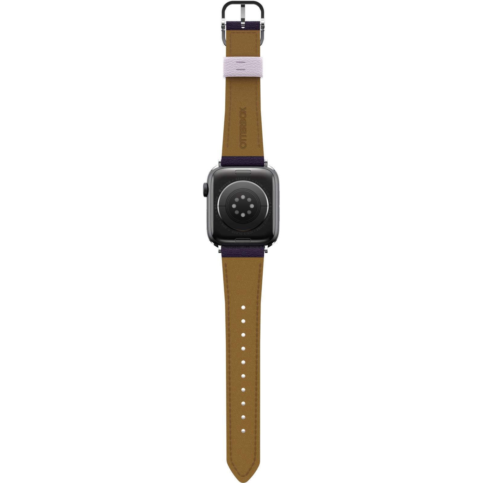 En smartwatch med ett brunt läderarmband och ett svart hölje, sedd bakifrån.
