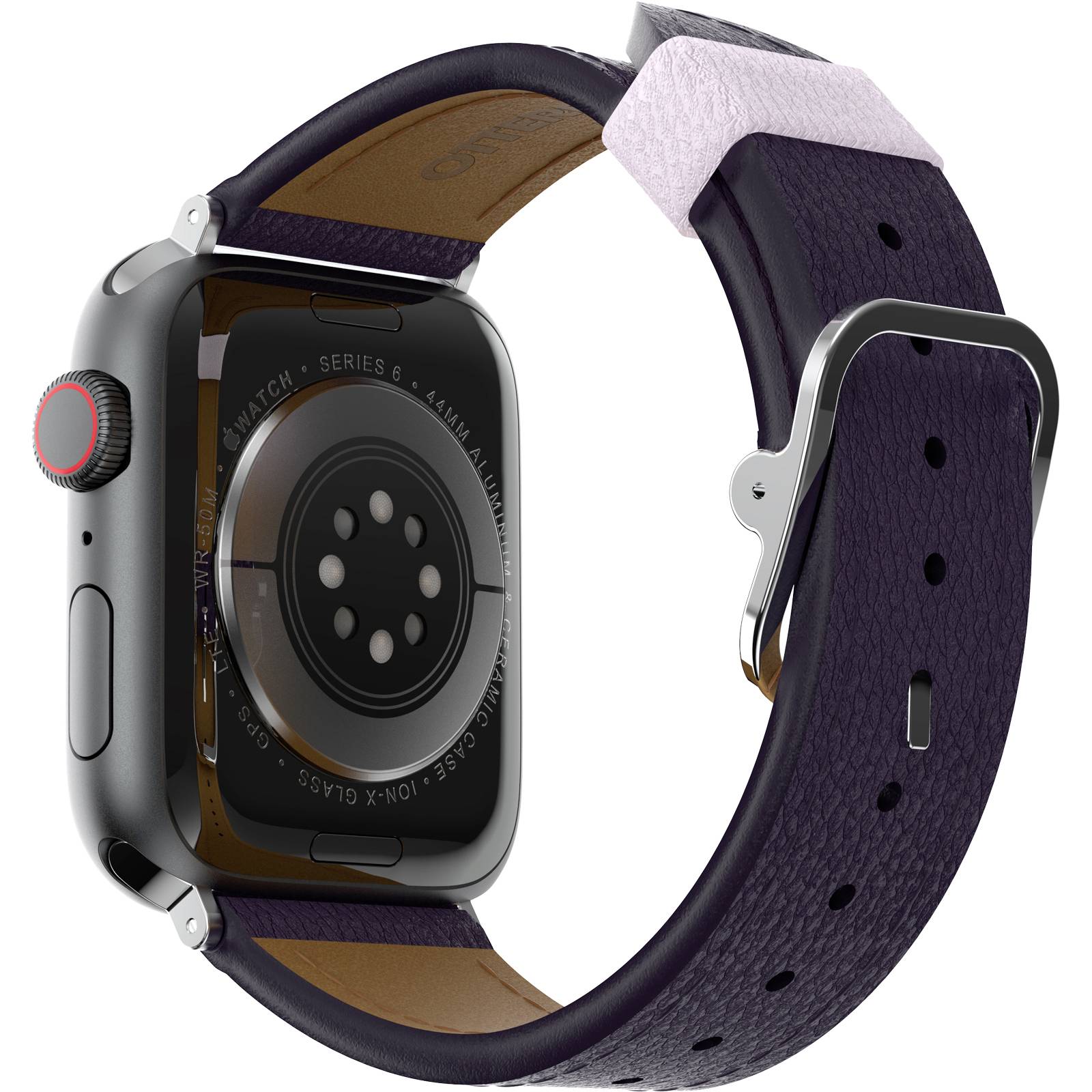 En smartwatch med ett mörkblått läderarmband, hölje i silver och en rund sensor på baksidan, visad från sidan.