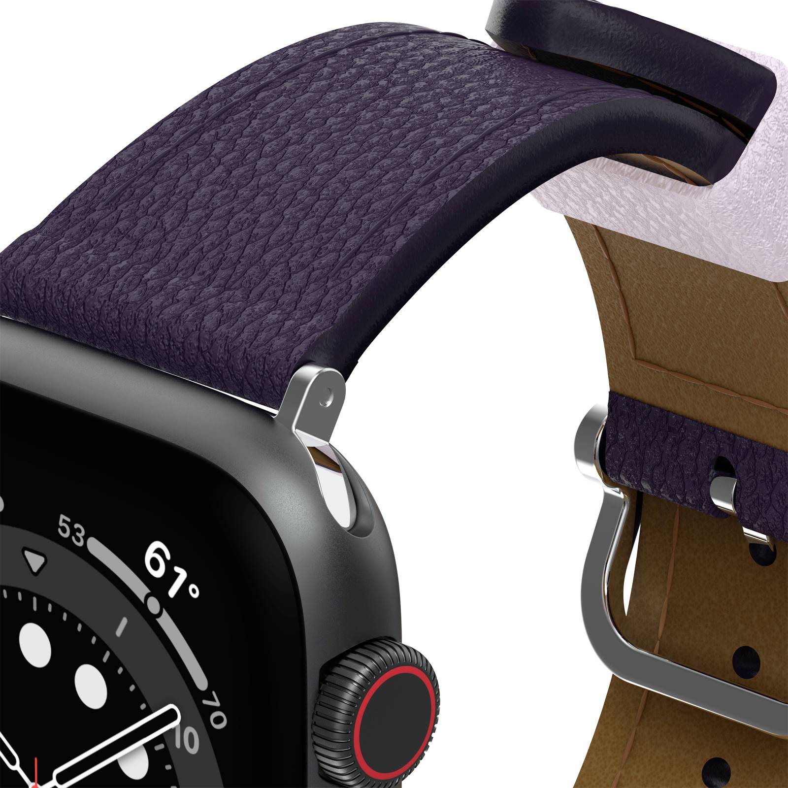 Smartwatch med rund skärm och läderrem, visar tid och temperatur på 67 grader. Närbild, fokus på design.