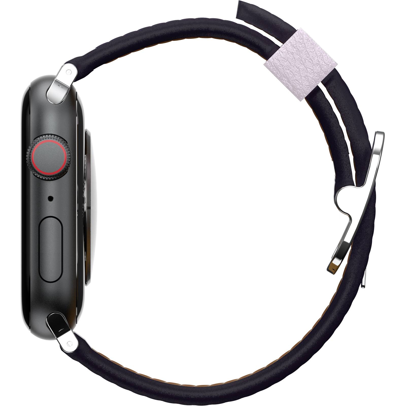 Smartwatch sedd från sidan med svart armband, runt hölje och digital krona; minimalistiskt och modernt designad.