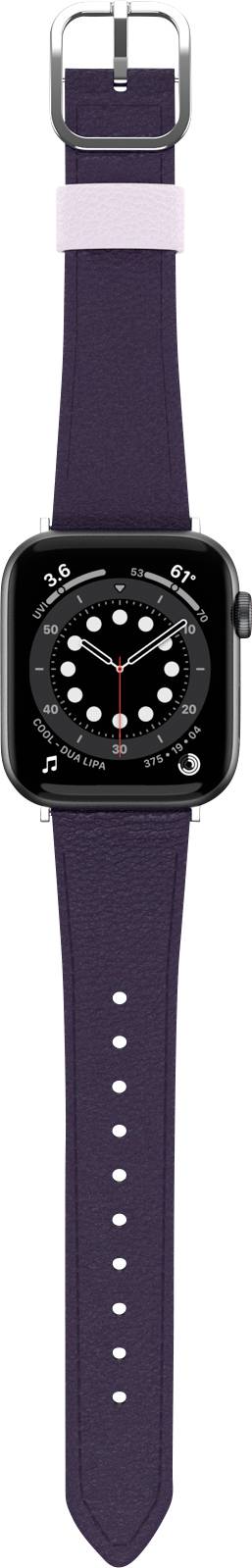 En svart smartwatch med ett runt urtavla, lila armband och ett spänne som visar tiden i digitalt format.