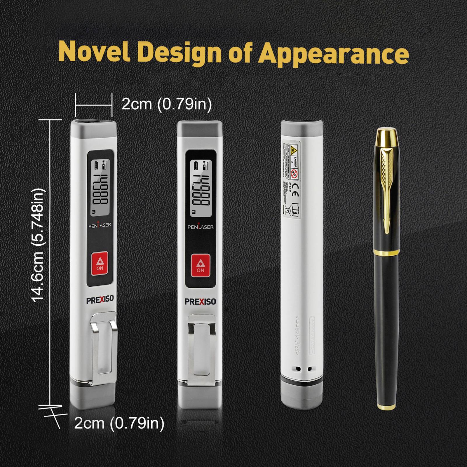 'PEN x150' Lasermätare och penna i storleksjämförelse. Lasermätaren har en digital display och är 14,6 cm lång.