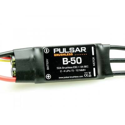 PULSAR B-50 Borstlös ESC med specifikationer: 50A, 4A BEC, stöder 2-4 LiPo/5-12 NiMH-batterier. Visar kabelanslutningar.