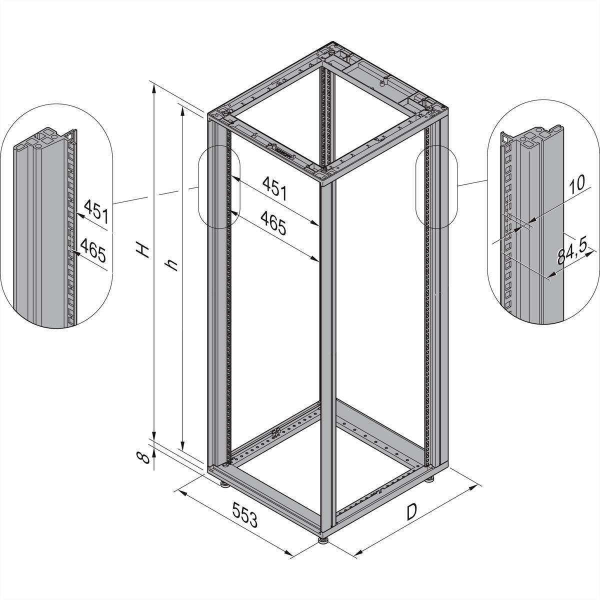 Diagram över en rektangulär ram med mått: Höjd (H), bredd (465 mm), djup (553 mm). Sidovyer visar detaljmått.