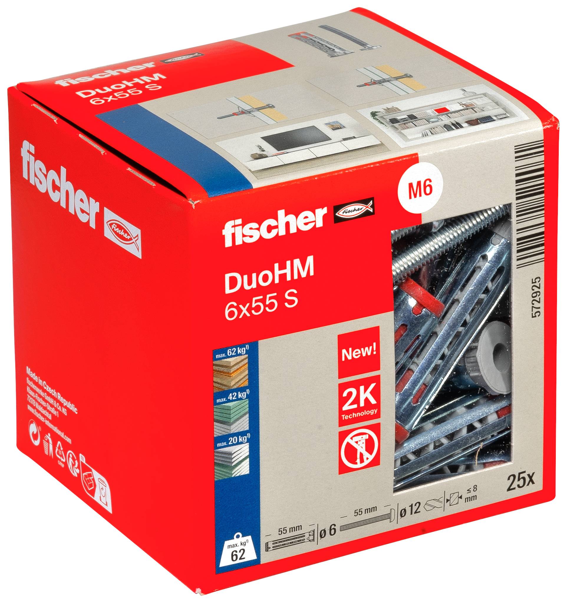 Red Fischer DuoHM 6x55 S M6 ankarbultar, visar 25 stycken och produktbilder på förpackningen.