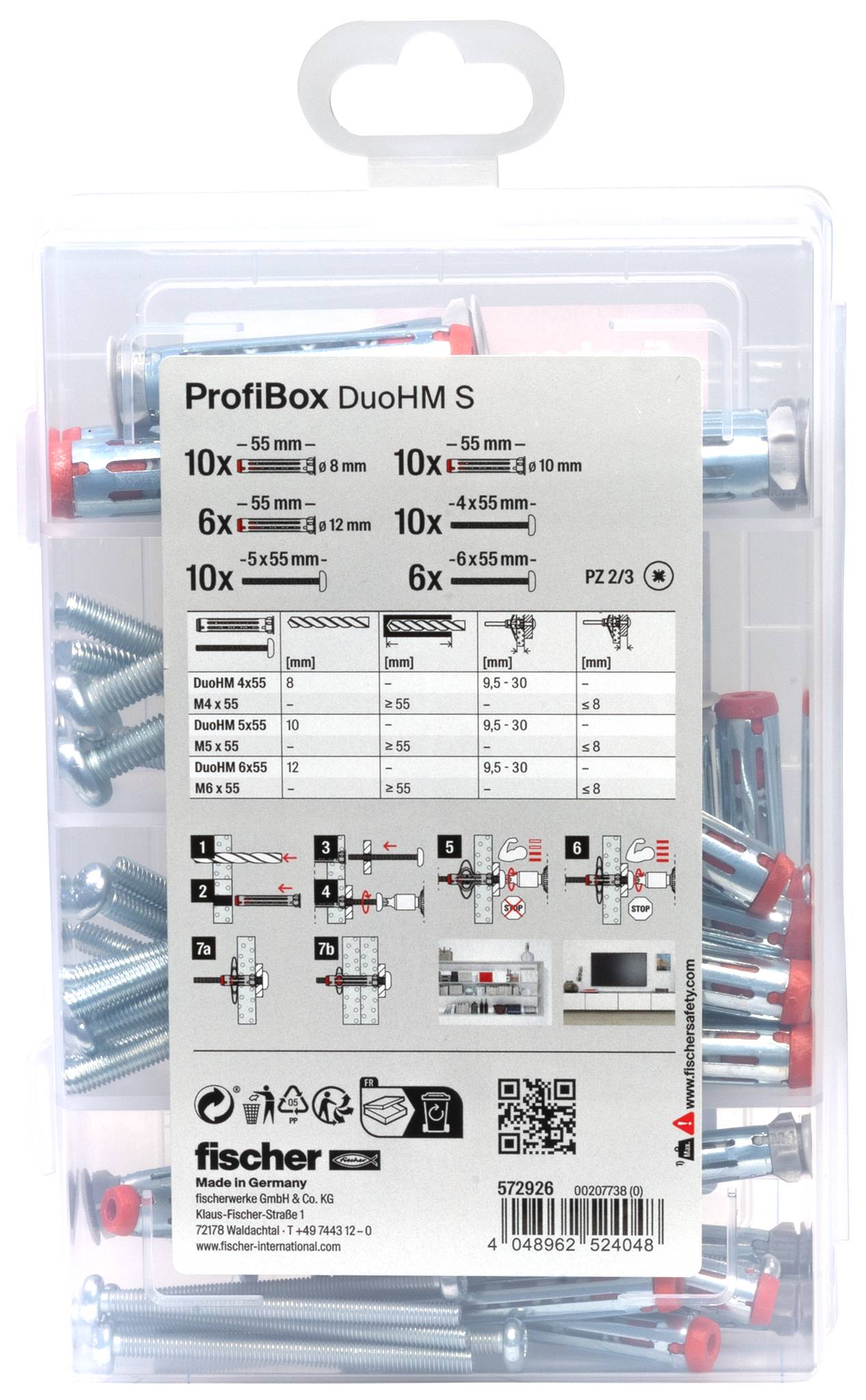 Produktpaket fischer ProfiBox DuoHM S väggankare och skruvar med kvantitetsformat och installationsdiagram visade på etiketten.