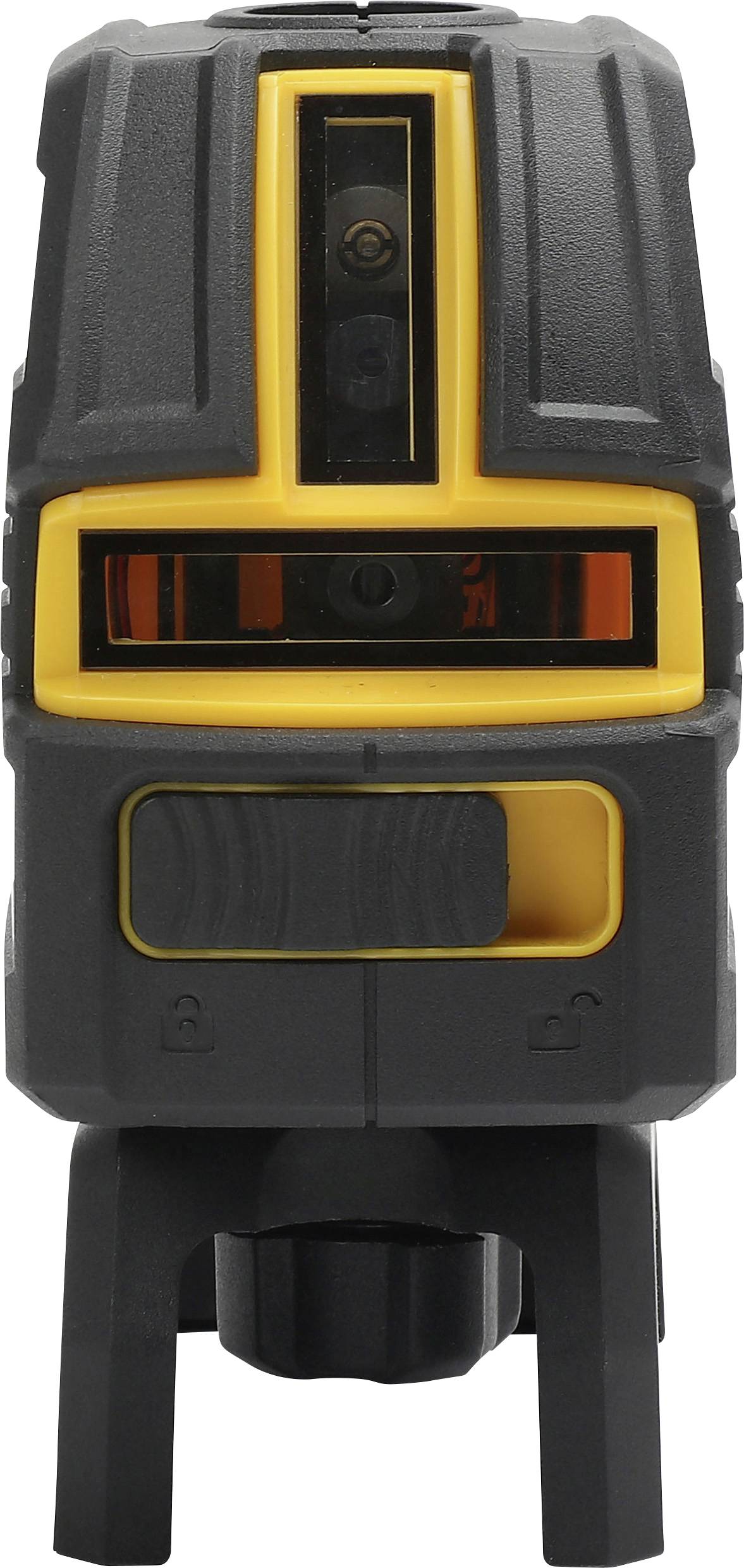 En svart och gul apparat med ett laserfönster, monterad på ett stativ, sannolikt ett lasernivelleringsinstrument.