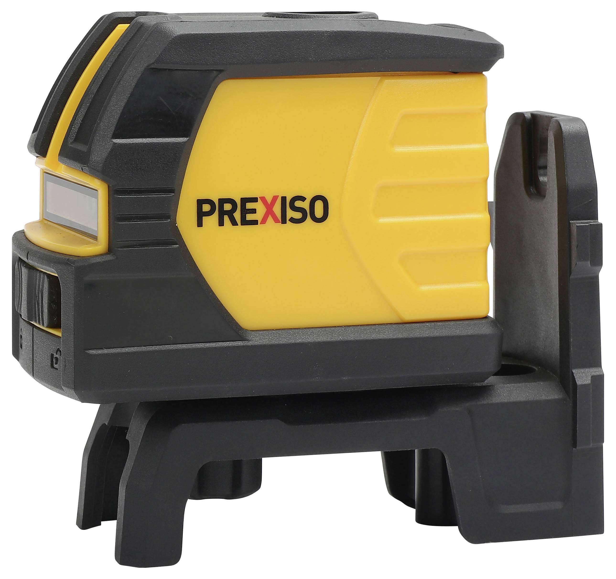 En gul och svart lasermätare av märket PREXISO, monterad på ett stativ.
