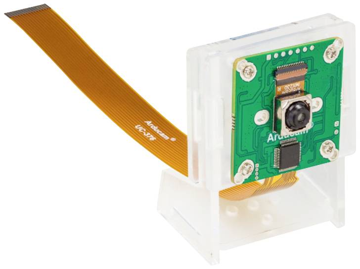En Arduino-kamera med flexkabel, monterad på ett genomskinligt plastställ.