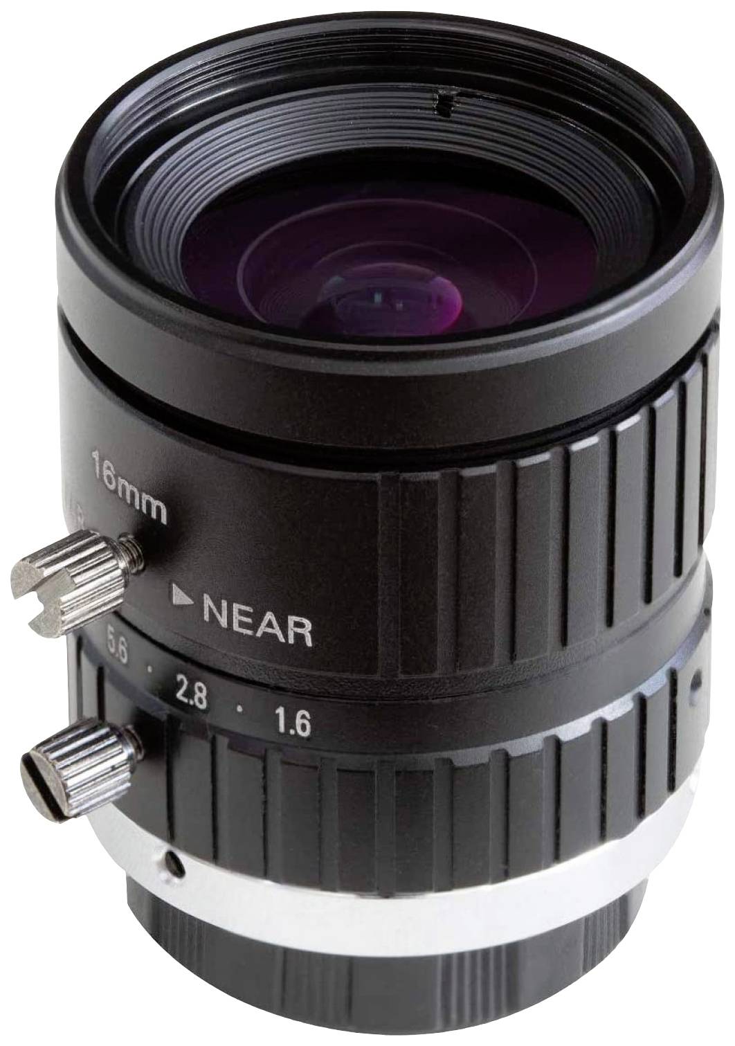 Svart kameraobjektiv med silver- och svarta ringar, märkt med '16mm' och bländarvärden från 1.6 till 5.8.