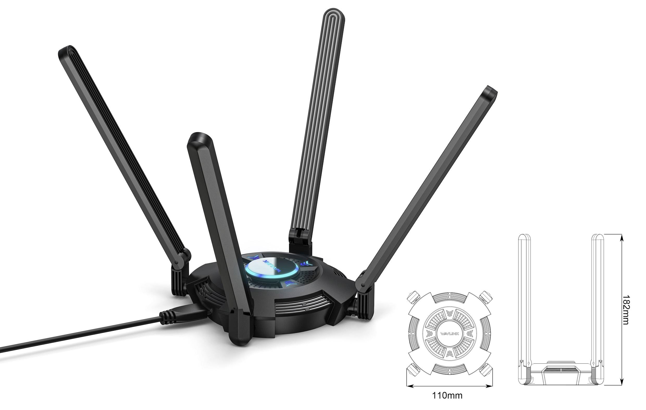WLAN-router med fem antenner på en rundad bas, med kabelanslutning. Därutöver visas måtten 110 mm bredd och 192 mm höjd.