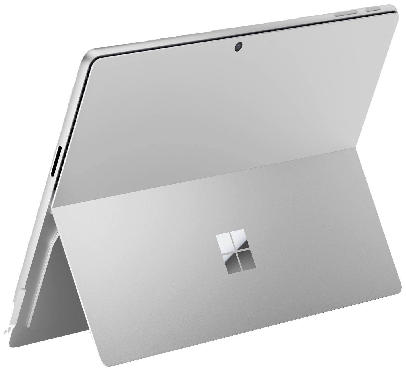 Ett silvergrått surfplatteliknande enheter med ett utfällbart stöd som uppvisar en minimalistisk design.