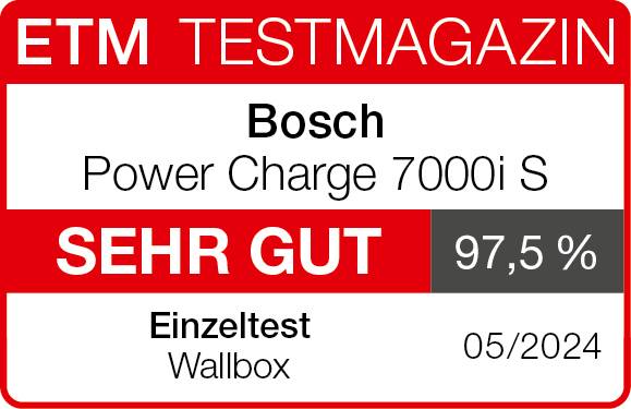'ETM TESTMAGAZIN' Värderingssigill för Bosch Power Charge 7000i S, klassificerad som 'MYCKET BRA', enskild test Wallbox, 97,5%, 05/2024.