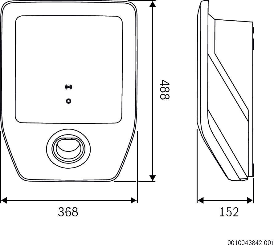 Teknisk ritning av en elektronisk enhet med måtten: bredd 368 mm, höjd 488 mm, djup 152 mm. Front- och sidovy.